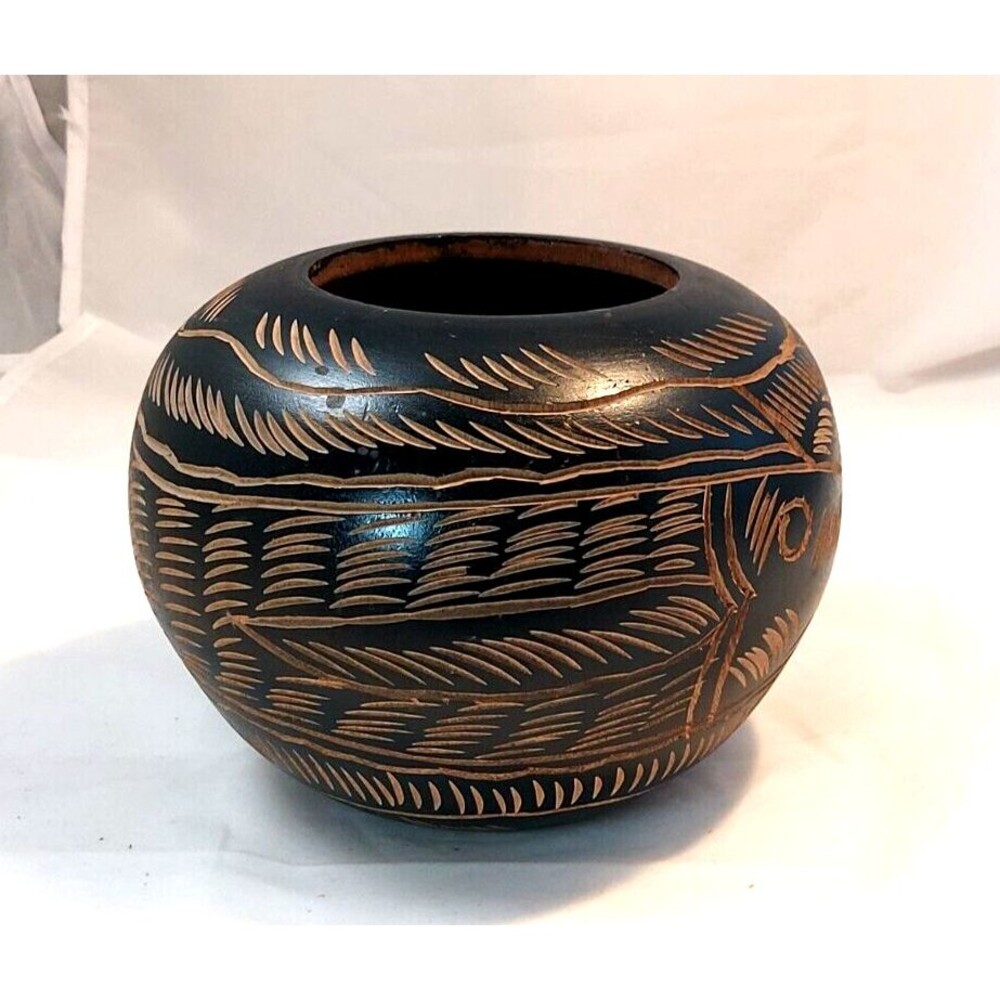 Vintage Hand Carved & Painted Mexican Wood Bowl Folk Art 7”x5.5” - Picture 7 of 7
